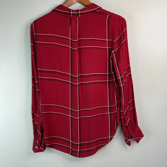 RW&CO Burgundy Plaid Brushed Viscose Button Up Shirt Hi Low Long Sleeve Size XS - Picture 8 of 10